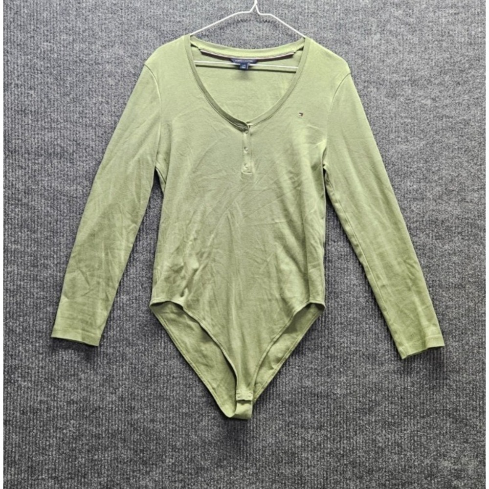 Tommy Hilfiger Henley Bodysuit Women's Large Olive Green Long Sleeve Snap